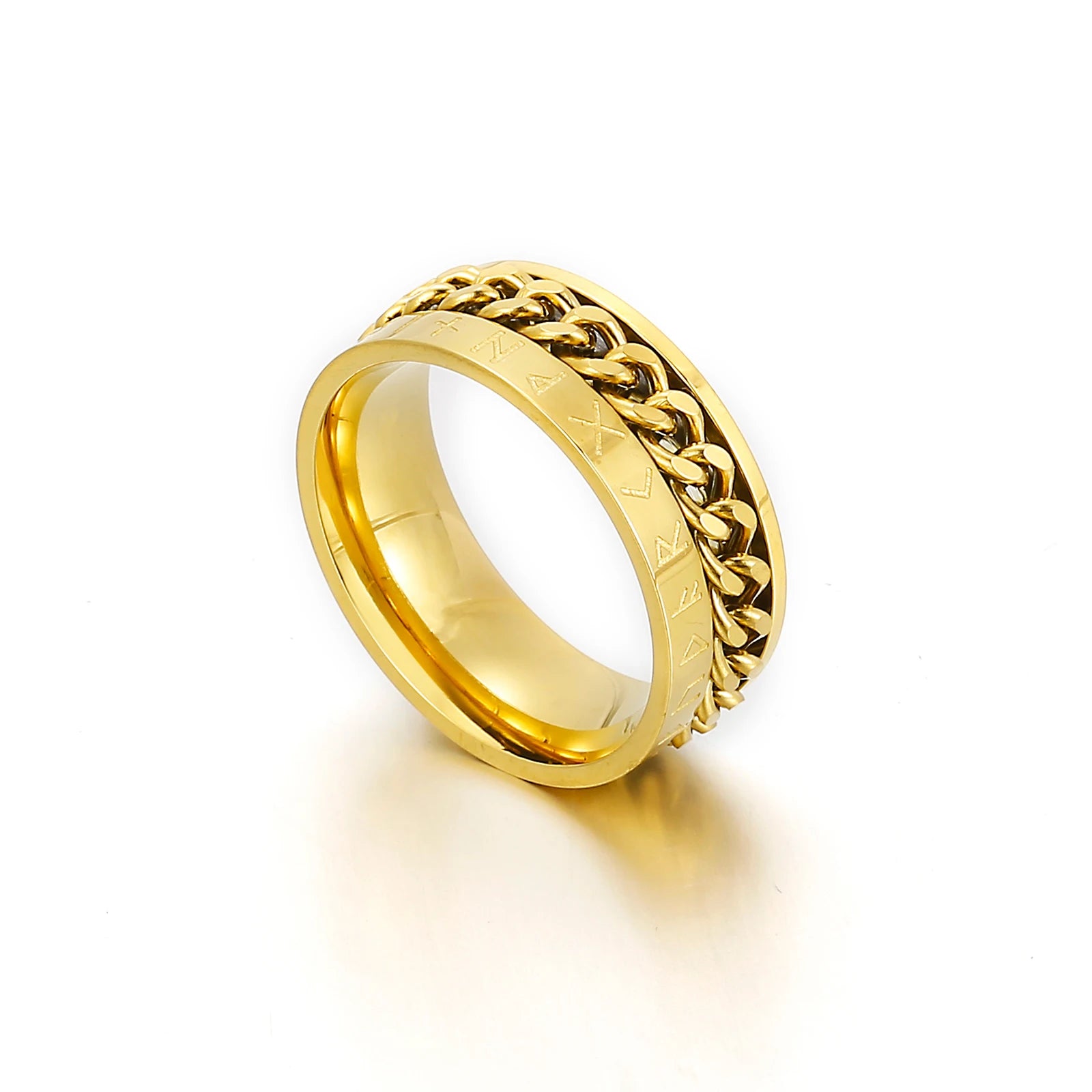 KALEN Personality Fashion Chain Ring Men 18k Gold Plating Charms Stainless Steel Jewelry Ring