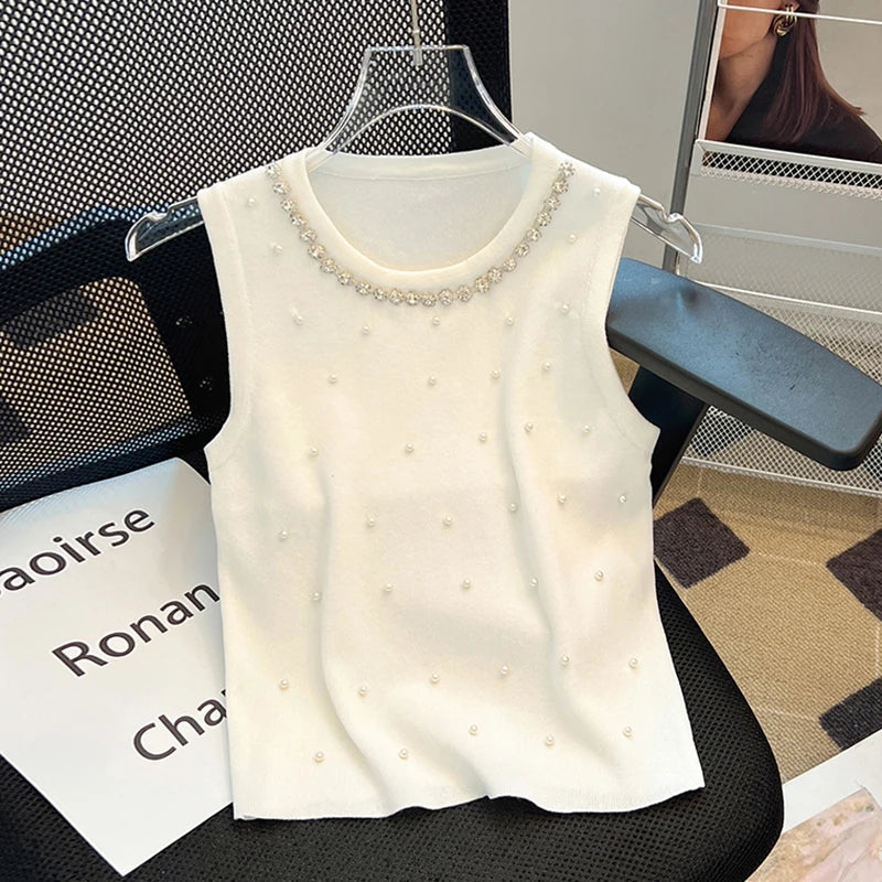 Boutique Wholesale 2025 Summer New Fashionable Round Neck Nail Bead Sleeveless Knitted Versatile Women's Tank Tops