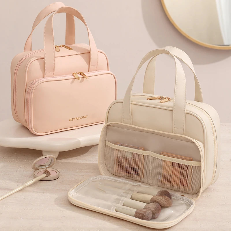 Durable Leather Makeup Pouch Large Capacity Zippered Cosmetic Storage for Travel Bag Fashion Letter Soft Handle