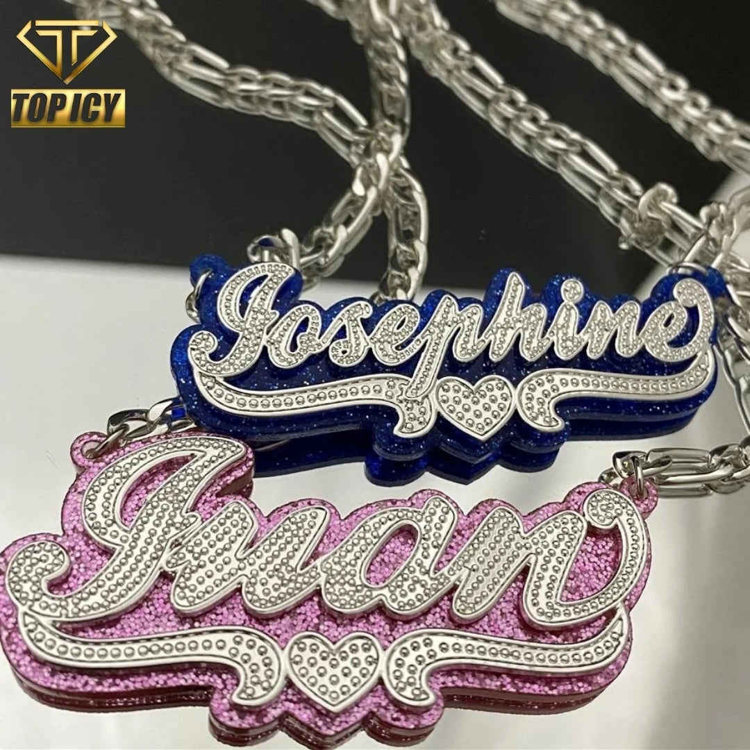 Fashion Custom Name Acrylic Name Necklace Double Layer Glitter Personalized Color Gold Plated Hip Hop Jewelry