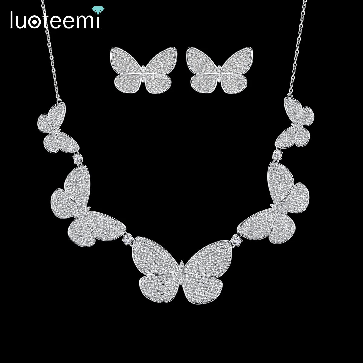 LUOTEEMI Zirconia Fashion Necklace Chain Cz Pendant Earring Iced Out Elegant Zircon Butterfly Jewelry Set