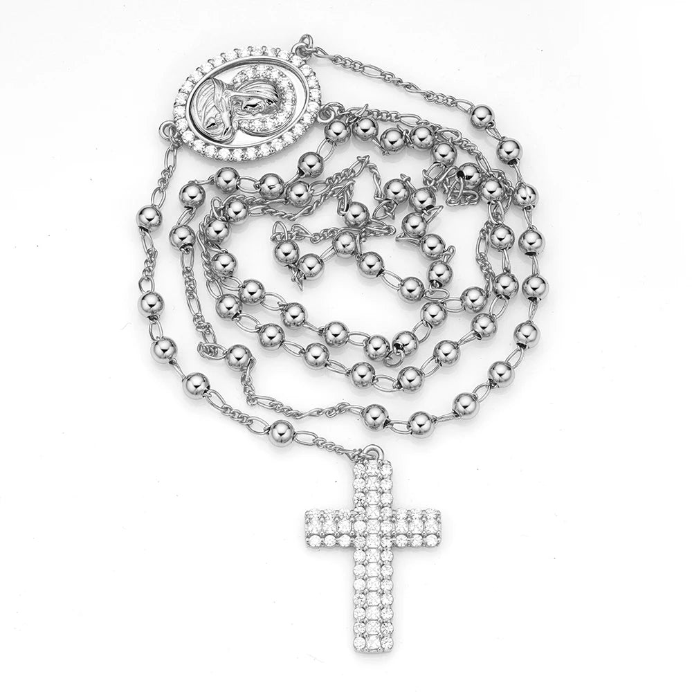 Religious Long Prayer Beads Brass Gold Plated Virgin Mary Pendant Cross Catholic Rosary Necklace