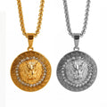 Trendy New Stainless Steel Hiphop Animal Design Greek Lion Jewelry Gold Plated Pendant Crystal Inlay Lion Head Necklace