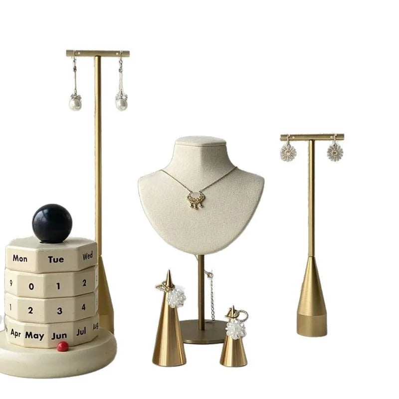 BETTER Luxury Custom Metal Cream/Gold Microfiber Earrings Necklace Jewelry Display Rack Set with Mannequin