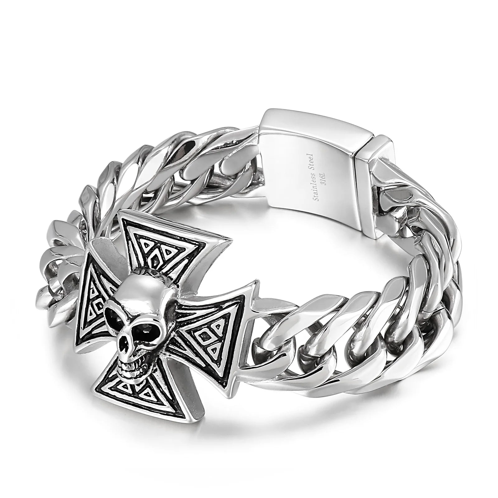 KALEN Jewelry Punk Skull Bracelet Personal Cross Skeleton Skull Hand Stainless Steel Bracelet Men