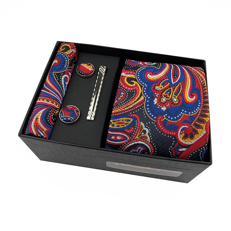 Men's Fashion Polyester Tie Set with Pocket Square and Cufflinks Gift Boxed Black Gold Red Blue Wedding Neckties Silk Tie