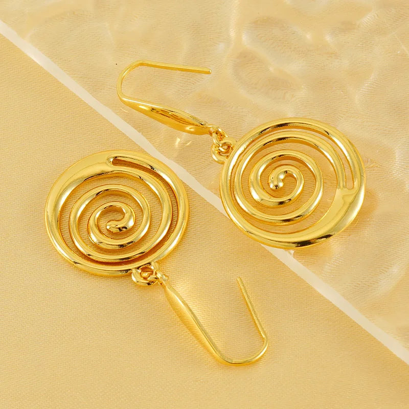 Retro Fashion Designer Stainless Steel Gold Round Geometric Spiral Earrings for Women