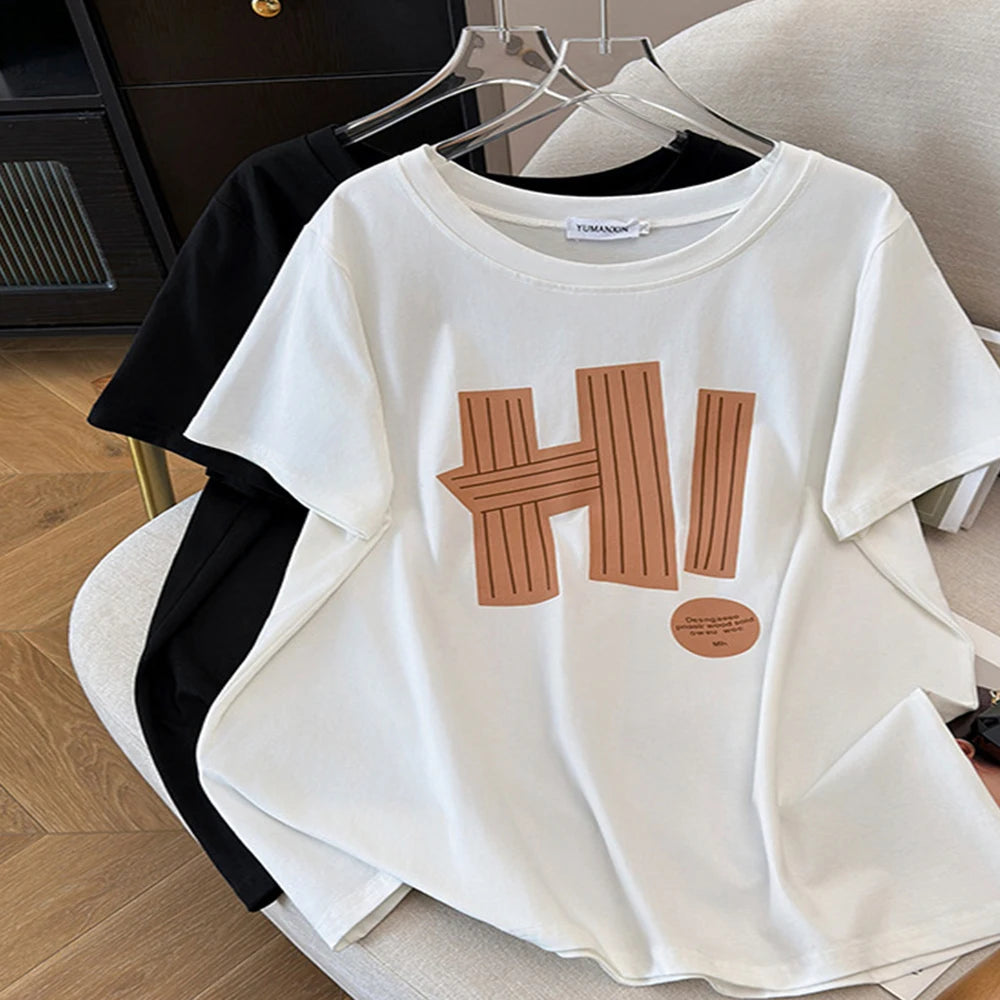 High Quality 100% Cotton Casual Fit Top Custom Printed Logo Letter Pattern Long Length with Anti-Wrinkle Feature Short Sleeves