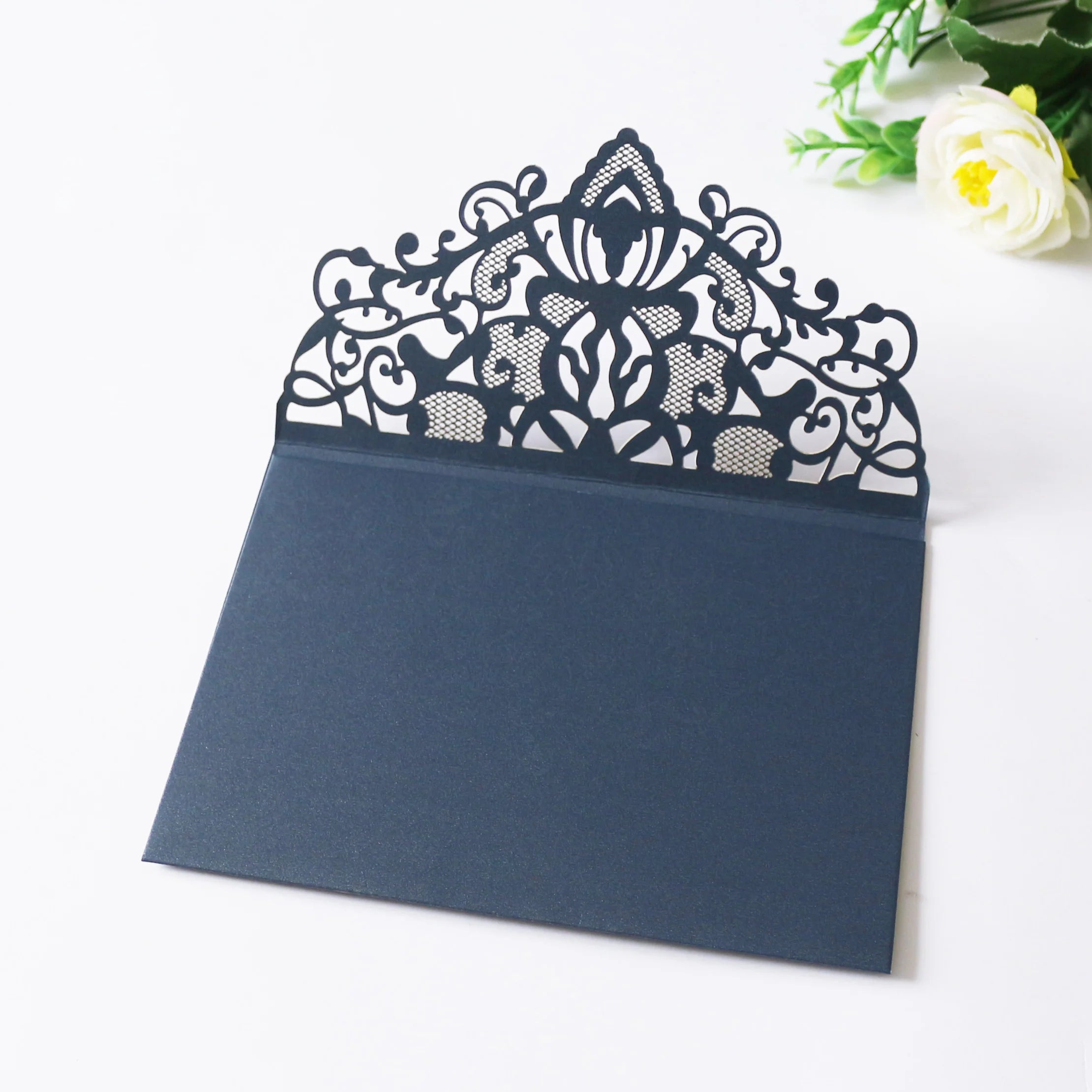 Hollow Folded Pocket Laser Cut Wedding Invitation Card Dark Blue Matte Paper Greeting Card Customize Business Card