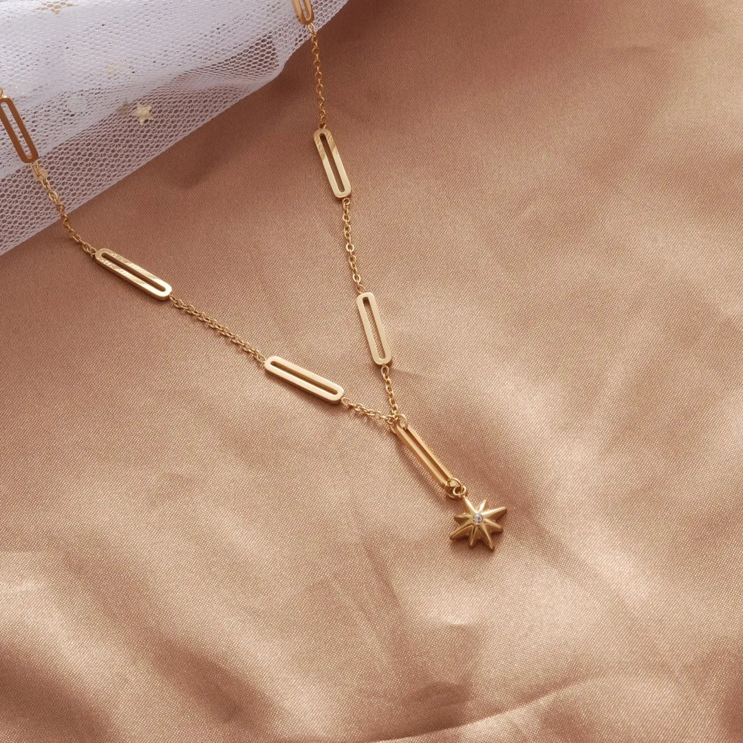 Fashion 18K Gold Plated Stainless Steel Tassel Necklace Jewelry Office Temperament Zircon Star Pendant Necklace for Women