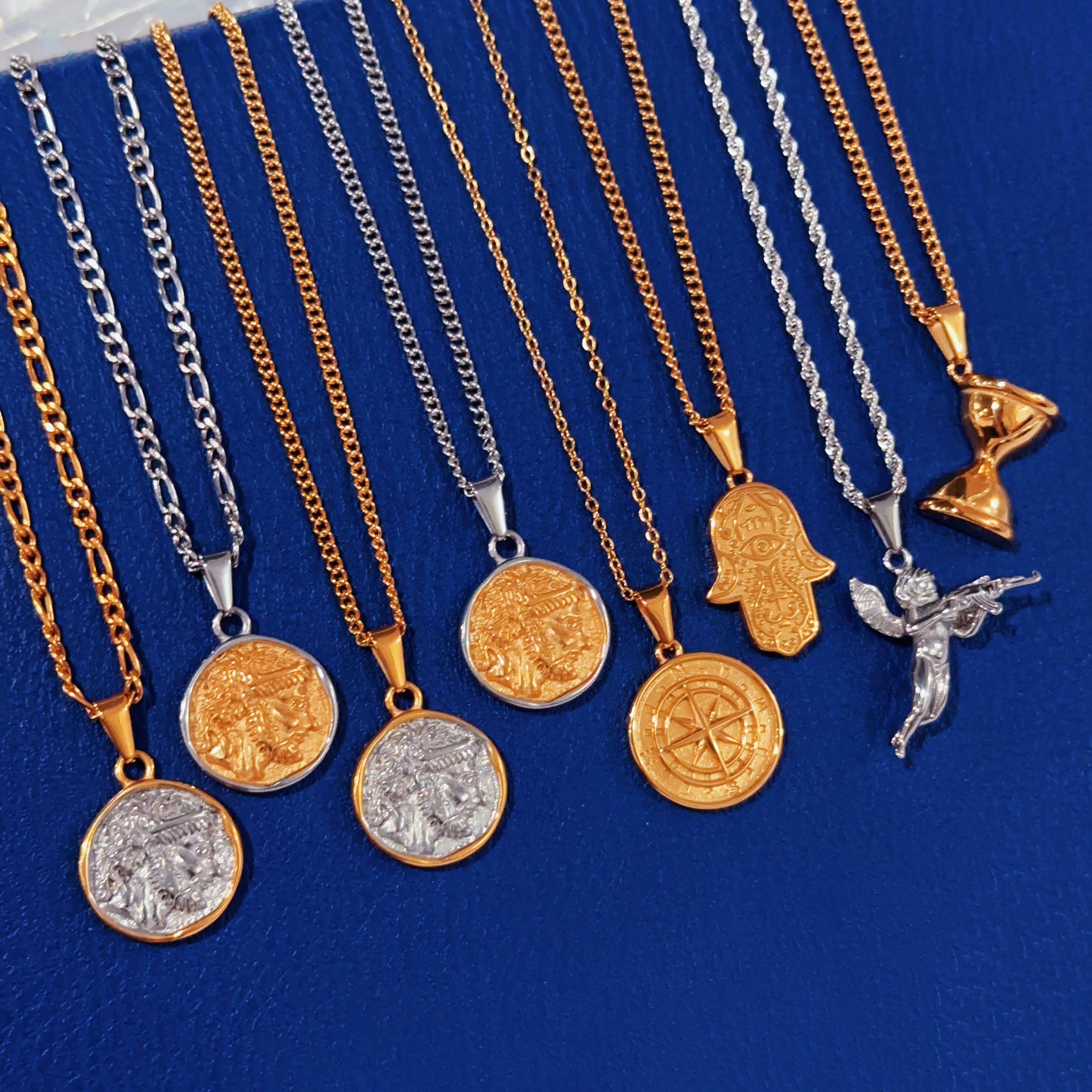 Tarnish Free Hasma Hand Necklace Custom Gold Plated Jewelry Wholesale Stainless Steel Cupid Angel Compass Pendant Zeus Necklace