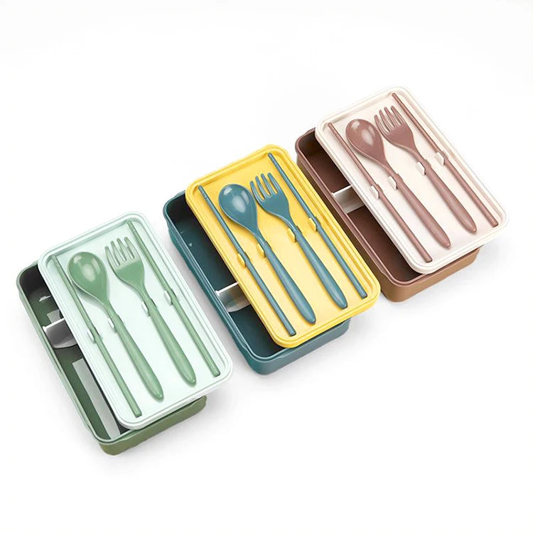 Reusable PP Food Grade Plastic School Kids Outdoor Adult Container One Layer Bento Box With Flatware Set Lunch Box