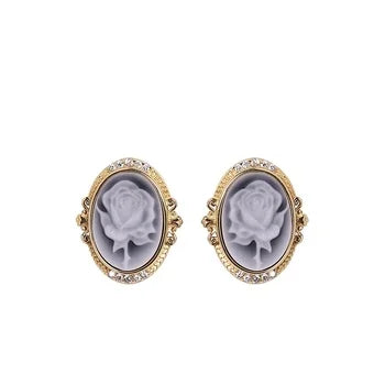 Heizun Vintage Agate Cameo 18K Gold Plated S925 Sterling Silver Jewelry Nickle Free Rose Flower Stud Earrings