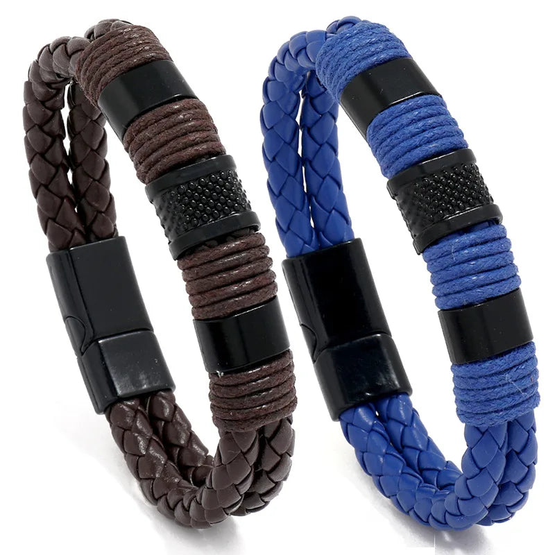 Wholesale Braided Men's Leather Bracelet with Titanium Steel Magnetic Clasp