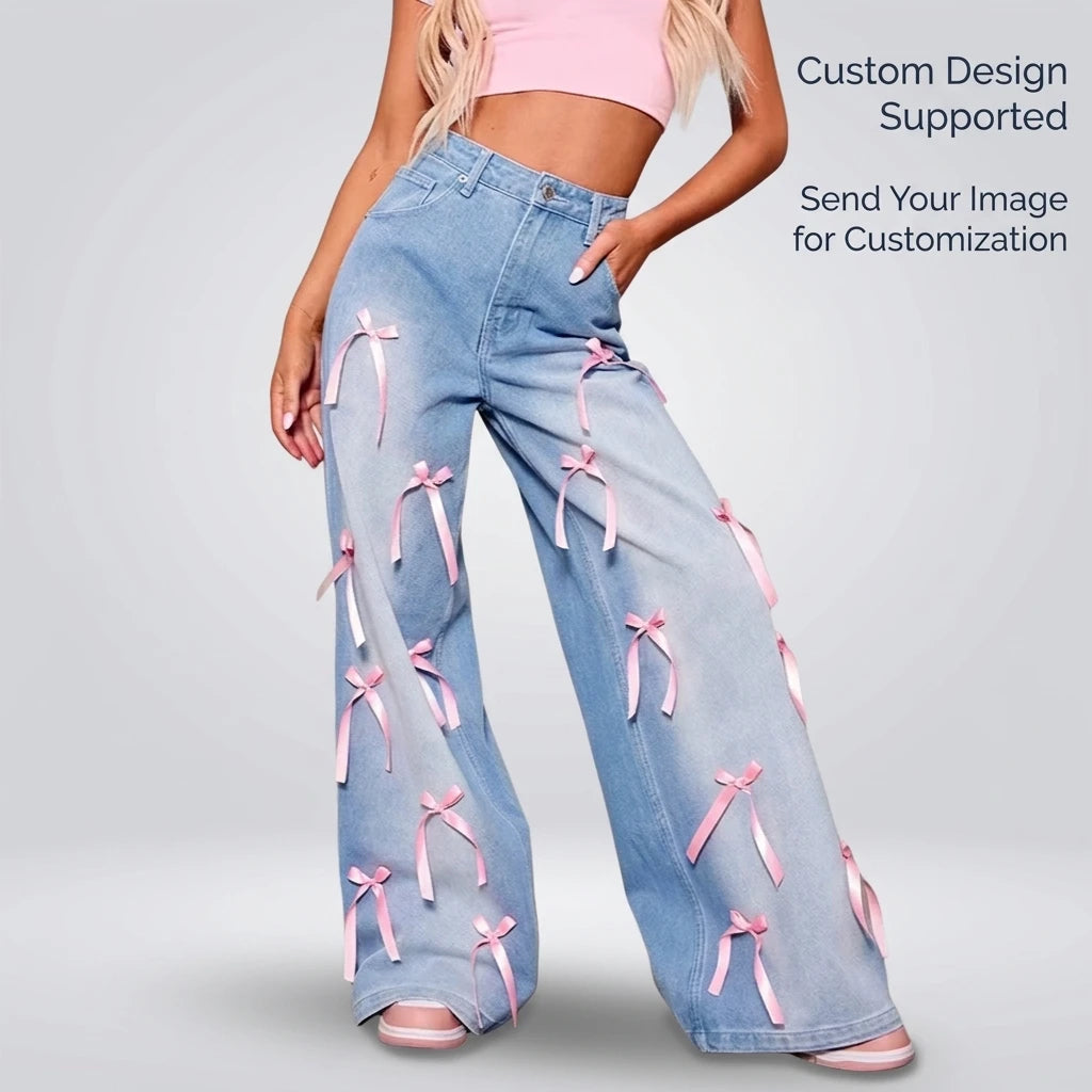 2025 Spring/Summer Women's Bowknot High-waisted Wide-leg Jeans Street-style Vintage Loose-fitting Versatile Jeans