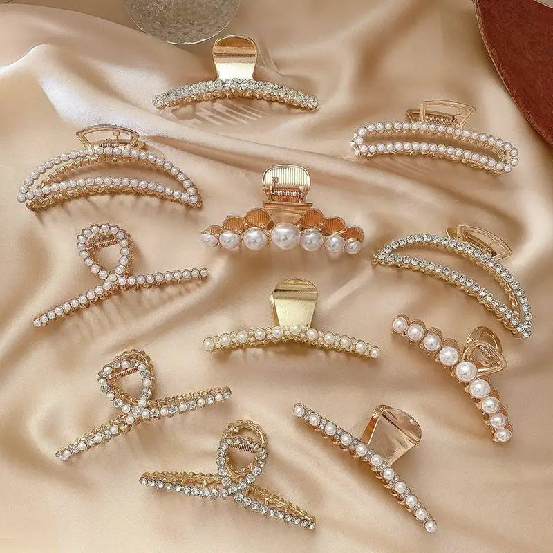 Custom Bride Shark Pearl Rhinestone Claw Clips Luxury Crystal Hair Claw 10CM Gold Metal Big Large Hair Claw Clips for Women