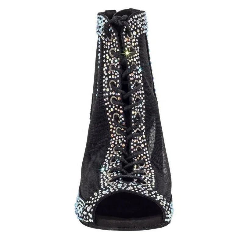 New Arrival Latin Salsa Ballroom Dance Shoes for Women 7cm Heel Black Satin Rhinestone Dancing Sport Shoes