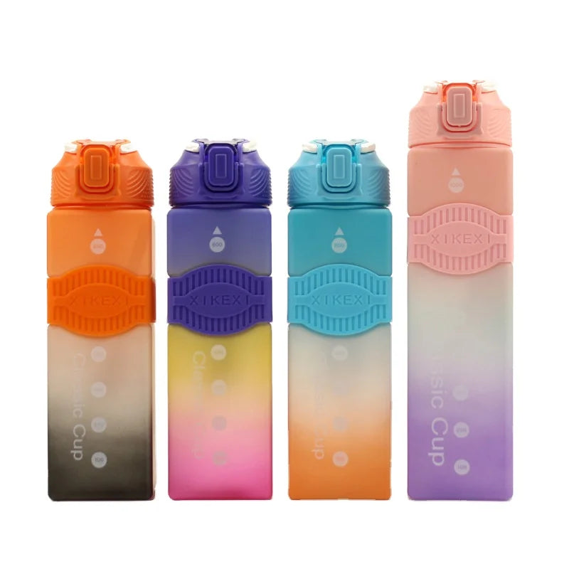 1000ML 1L 32oz square Plastic Tritan Motivational Fitness Gradient Color Sports Gym Drinking Water Bottle with Time Marker Straw
