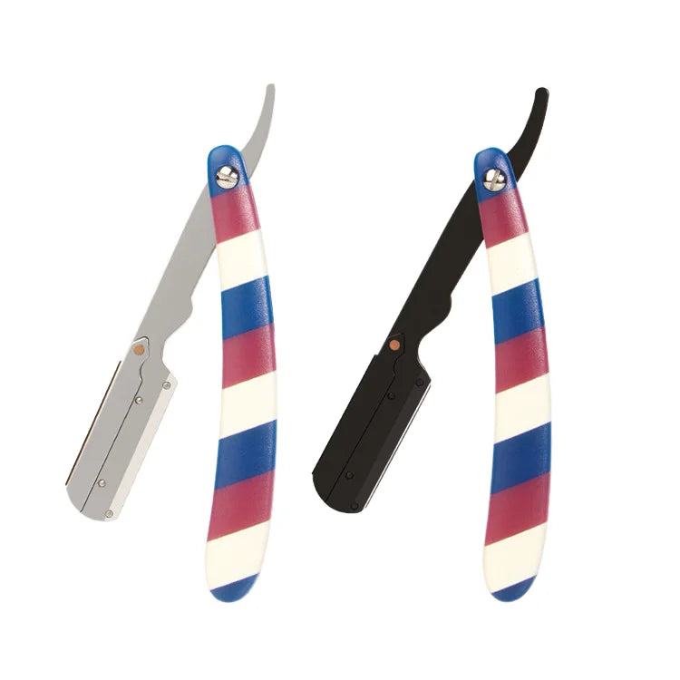 Old Style Face Shaver Single Blade Folding Hair Clipper Plastic Handle Stainless Steel Striped Hairdressing Knife Holder for Men