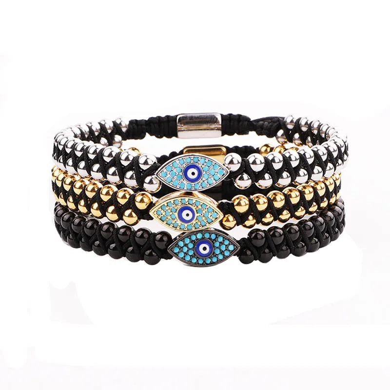 Fashion New Style CZ Blue Evil Eye Charm Stainless Steel Beads Macrame Adjustable Friendship Beaded Bracelet Men Women
