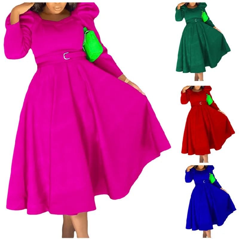 D467 Latest Design Winter Party Dresses Women Puff Sleeves A-line Banquet Gowns for Women Evening Dresses With Belt