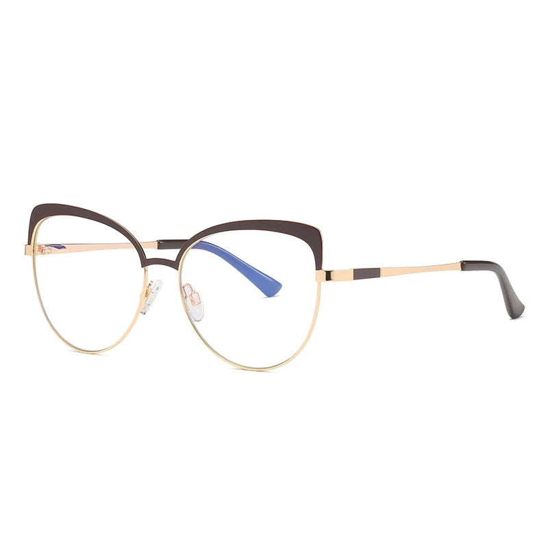 UNOC Optical Eyewear Face Cat Eye Glasses Full Black Metal Frames Blue/Gold/Transparent Light Blocking Lenses Available Pink
