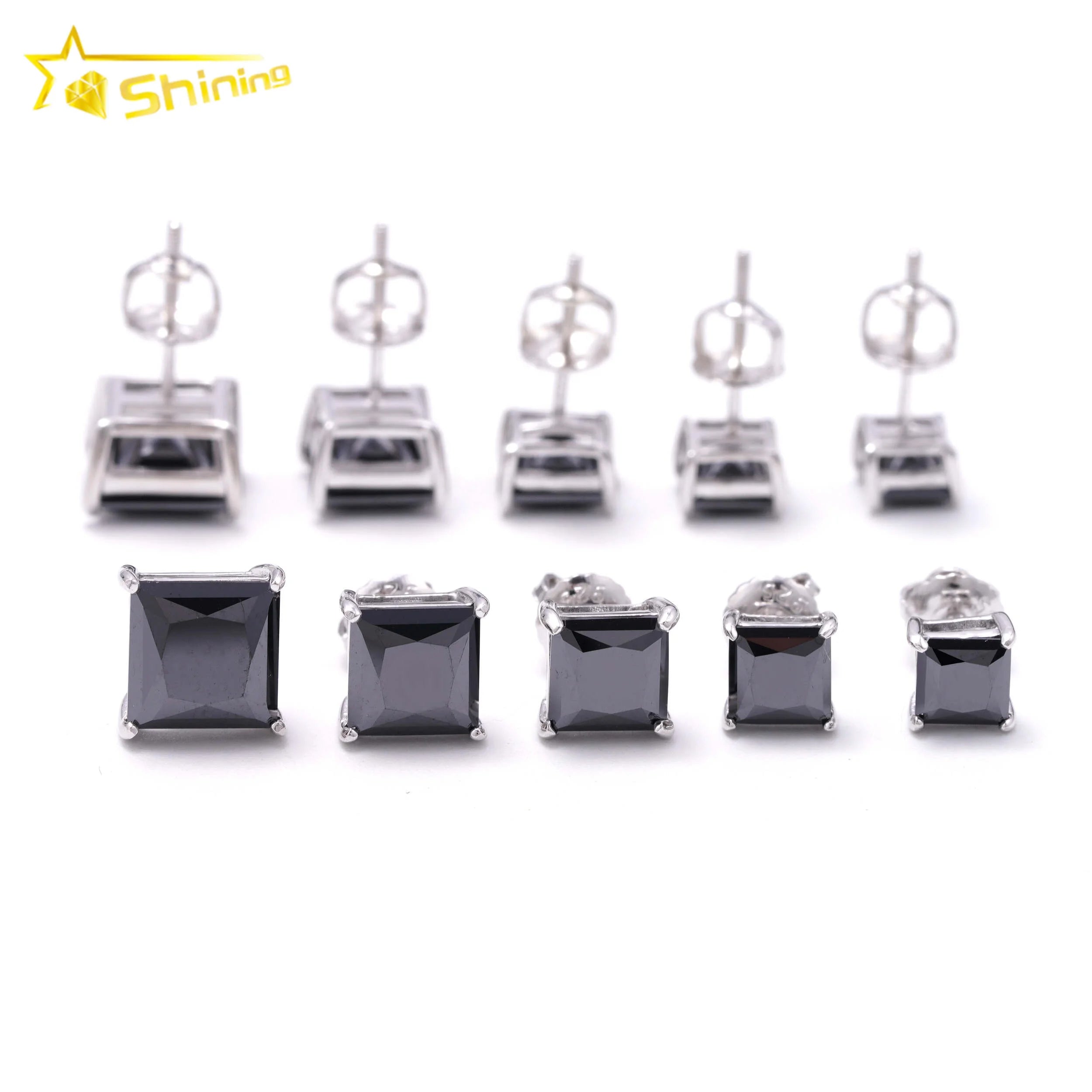 Hot Sale Pass Diamond Tester 925 Sterling Silver Screw Back Hip Hop Princess Cut Black Moissanite Earrings