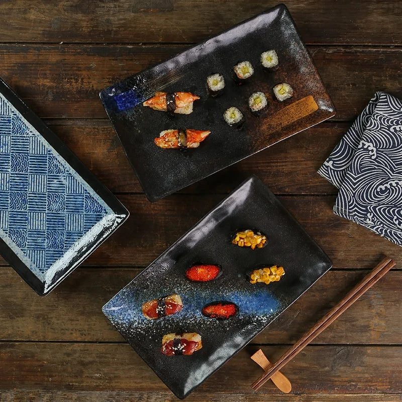 Rectangular Vintage Style Ceramic Pottery Tray Wider Size Decorative Sushi and Taco Plates for Restaurant Use on Sale