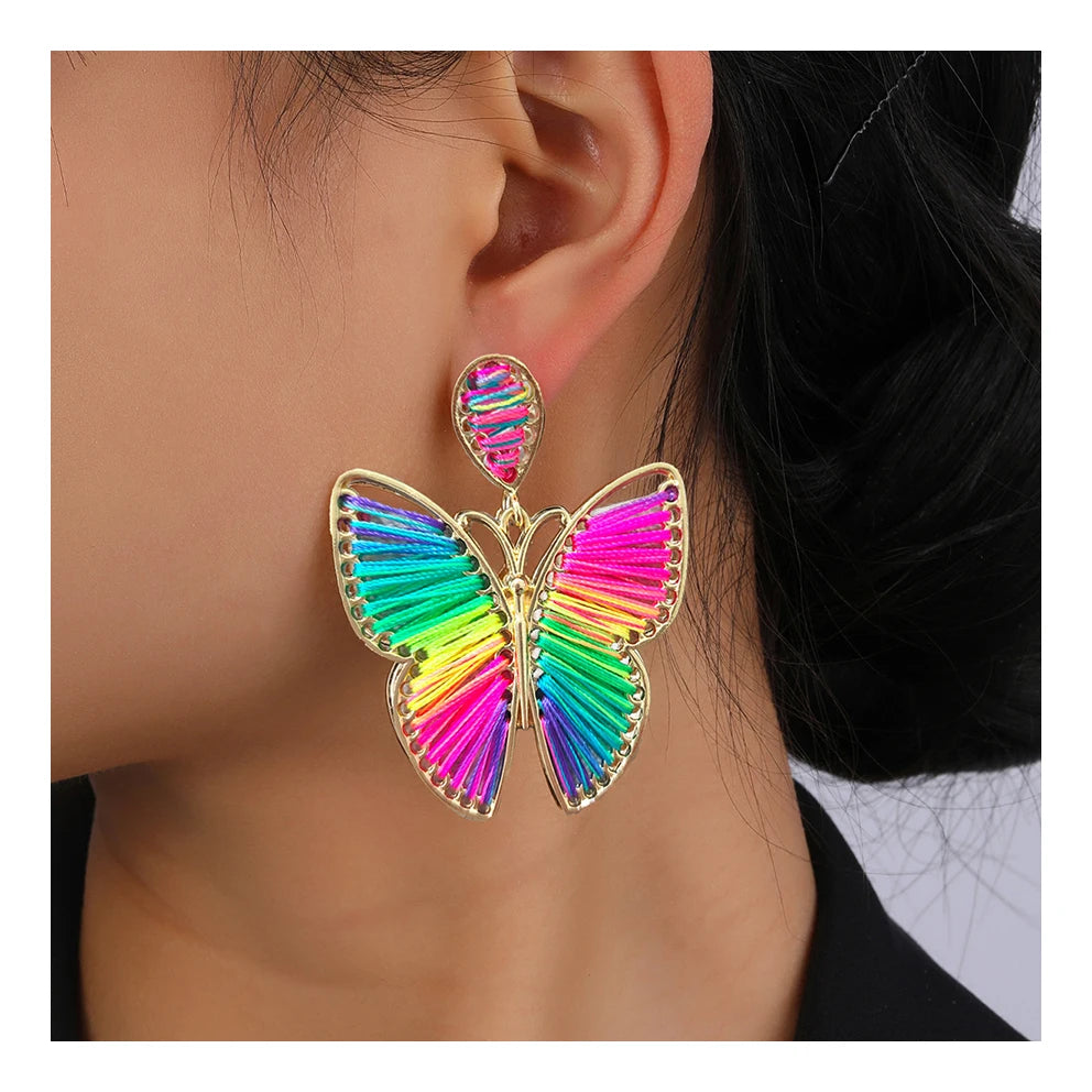 Vintagelike Gold Plated Butterfly Earrings Hand-Woven Winding Cord Multi-Color Rainbow Alloy Main Material