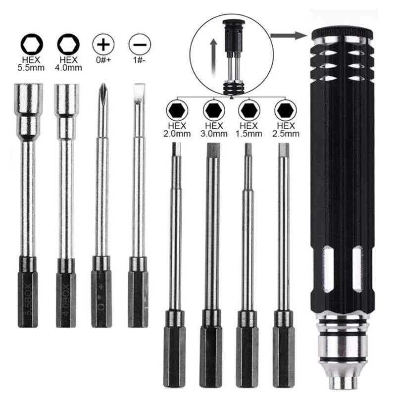 Precision 8-in-1 RC Screw Driver Tools Kit Aluminum Handle Plain HSS Tips OEM Available CE Certified for RC Racing Cars Trucks