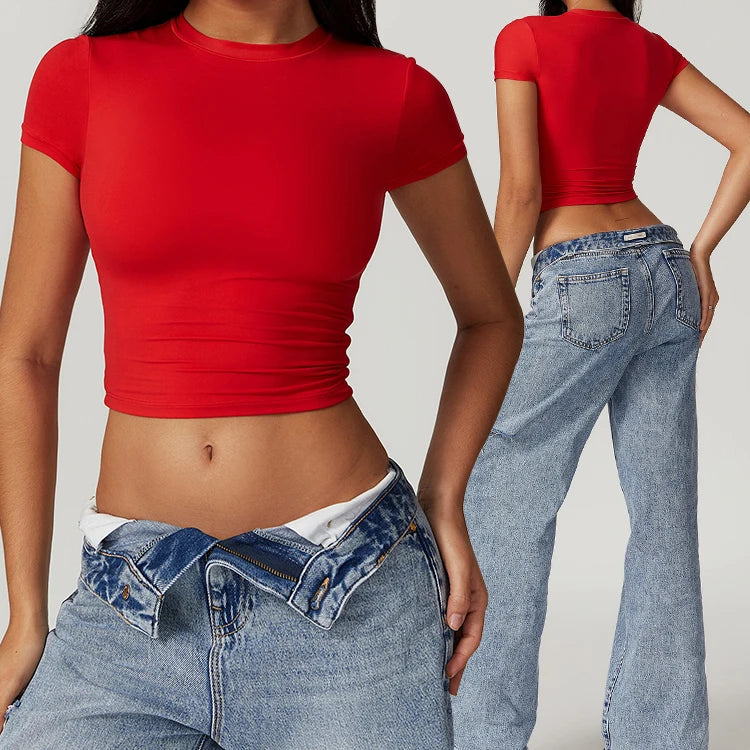 Custom Logo Women's Slim Fitting Workout Gym Tops Short Sleeve Crop Top Sports Wear for Women High Stretch Yoga Shirt