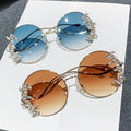 Diamond Encrusted Wave Design Color Gradient Women Crystal Round Rimless Metal Legs Shades Rhinestone UV Protection Sunglasses