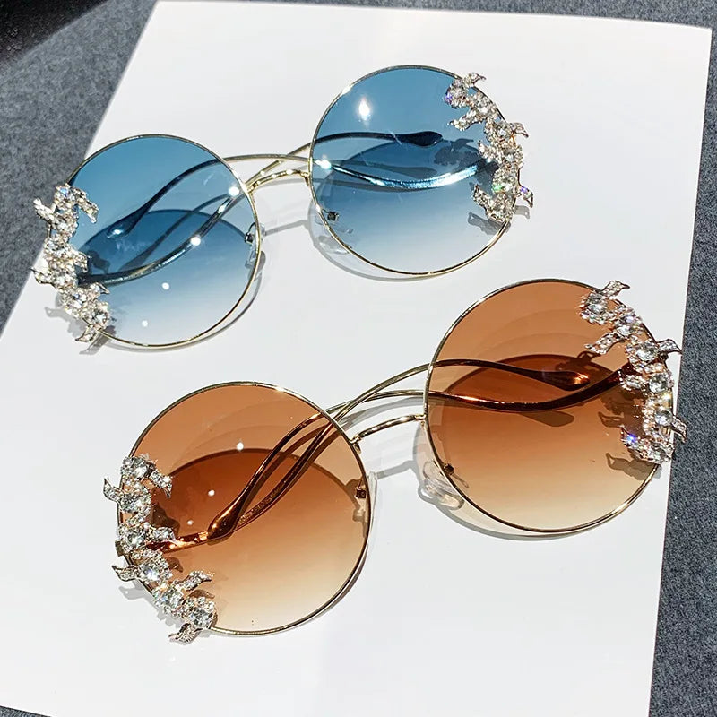 Diamond Encrusted Wave Design Color Gradient Women Crystal Round Rimless Metal Legs Shades Rhinestone UV Protection Sunglasses