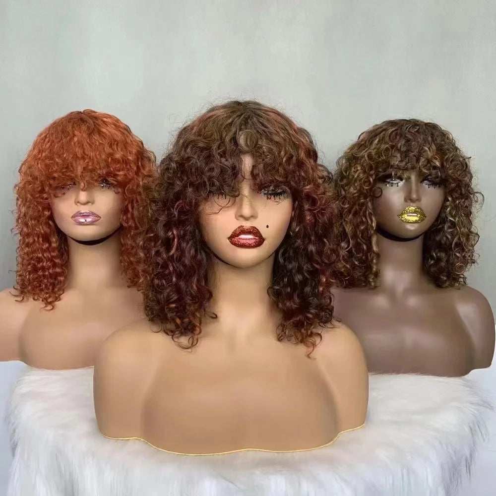 12A Fringe Curly Human Hair Wigs Full Machine Virgin Hair Wig With Bangs Water Wave Non Lace Wigs-natural Human Hair for Black