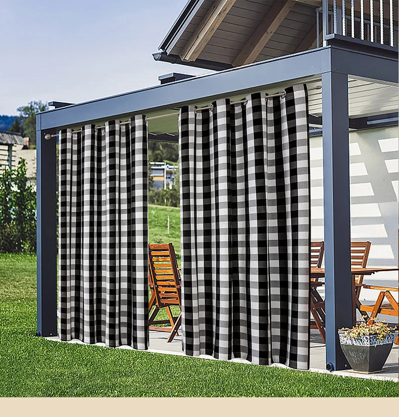 Amity Modern British Style Polyester Cotton Checkered Curtains Home Decoration Waterproof Outdoor Curtains With Perforated