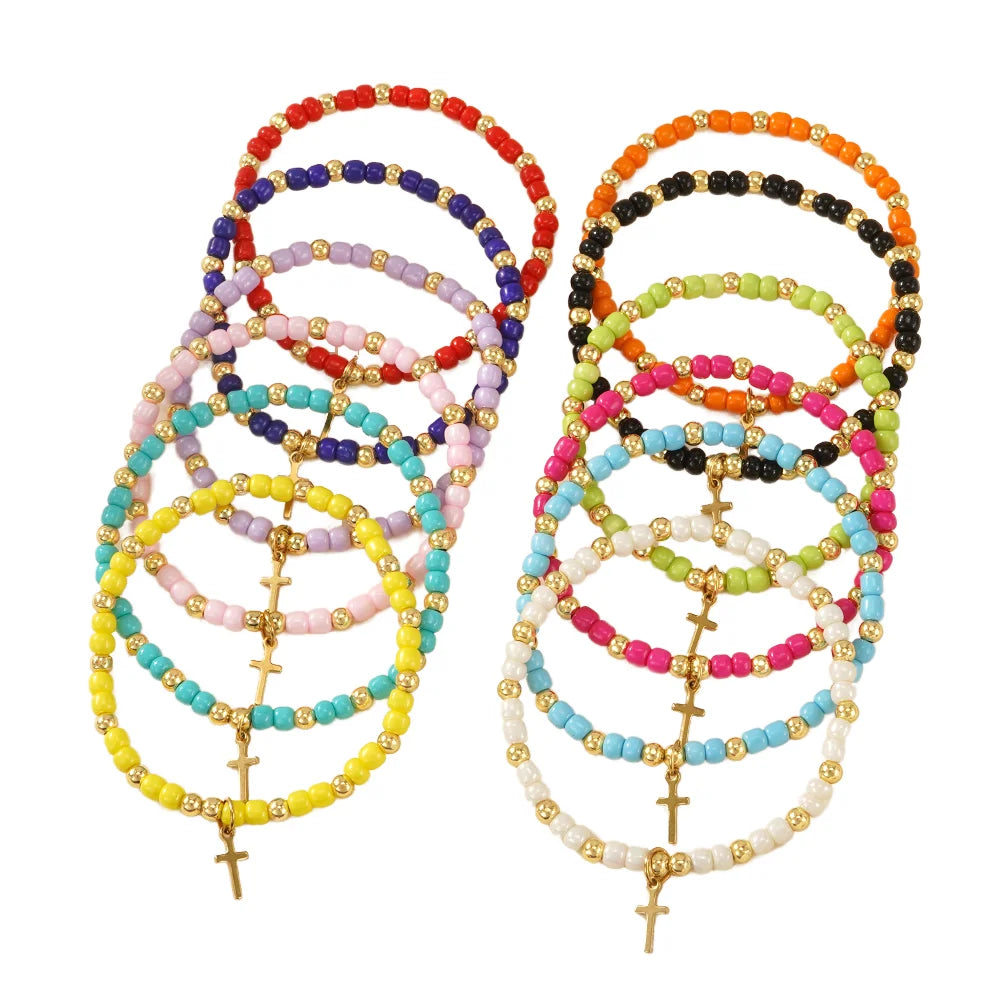 Go2boho Handmade Elastic Cross Charm Colorful Beaded Bracelet Set Religious Faith Jewelry for Women & Teen Girls Catholic Gifts