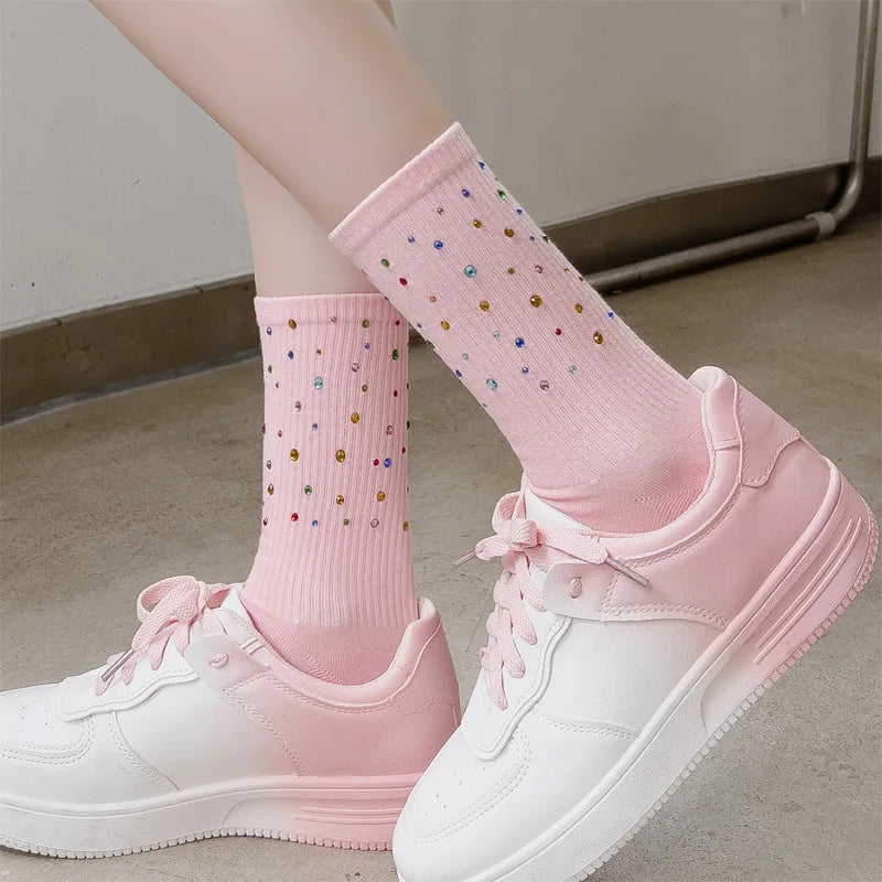 Wholesale New Cotton Tube Casual Luxury Socks Breathable Knitted Daily Use Crew Socks for Women Shiny Diamond Solid Color Autumn