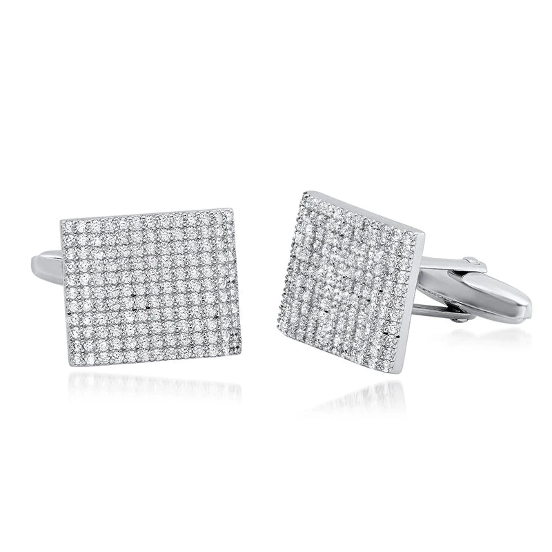Sterling Silver 925 Cufflinks for Men 18k Cubic Zirconia Jewelry Classic square Check Pattern Metal Shirt Cufflink Wedding Party