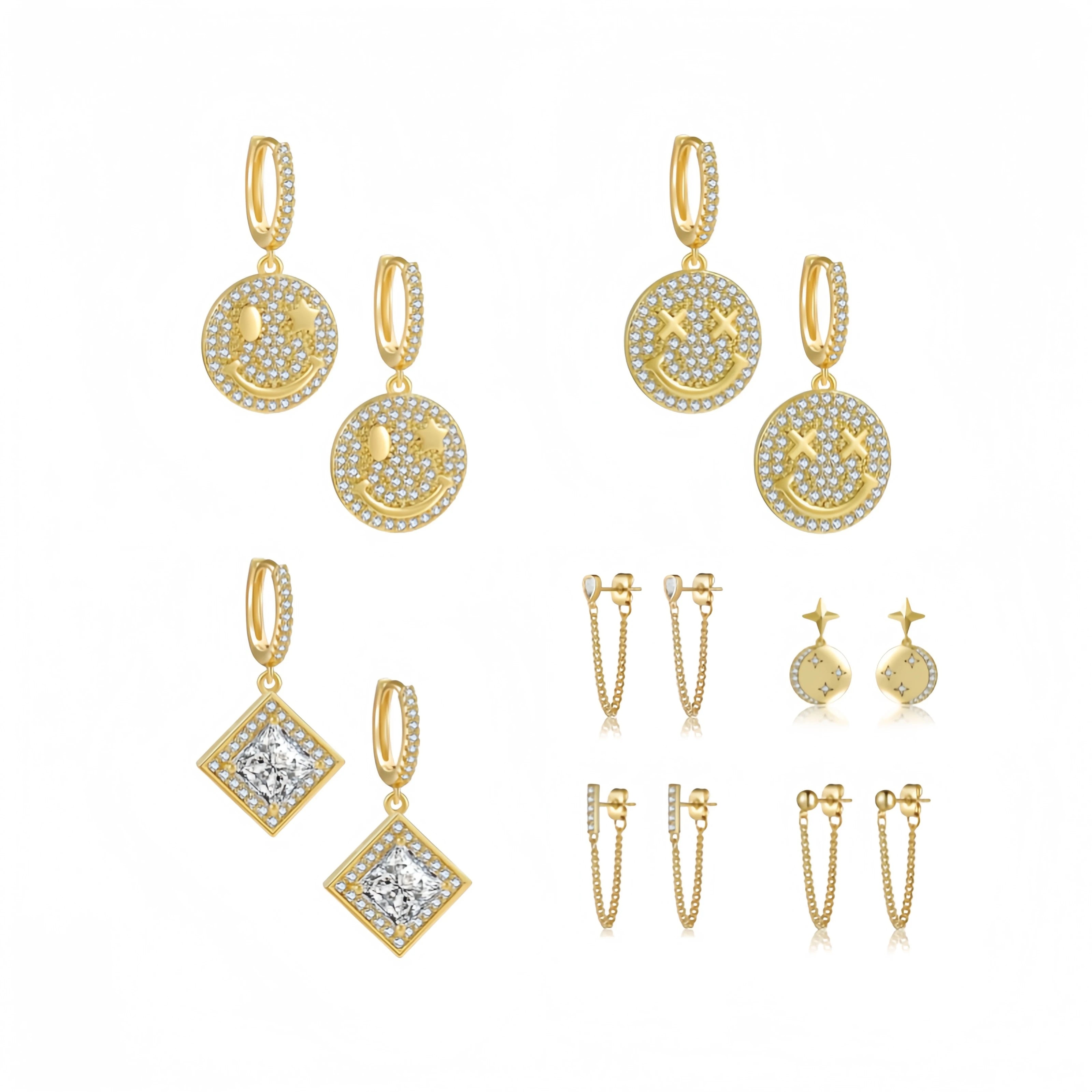 Factory Customized Trendy Eco-friendly Huggie Earrings 18K Gold-Plated Zircon Smile Face Square Pendant Personalized Women