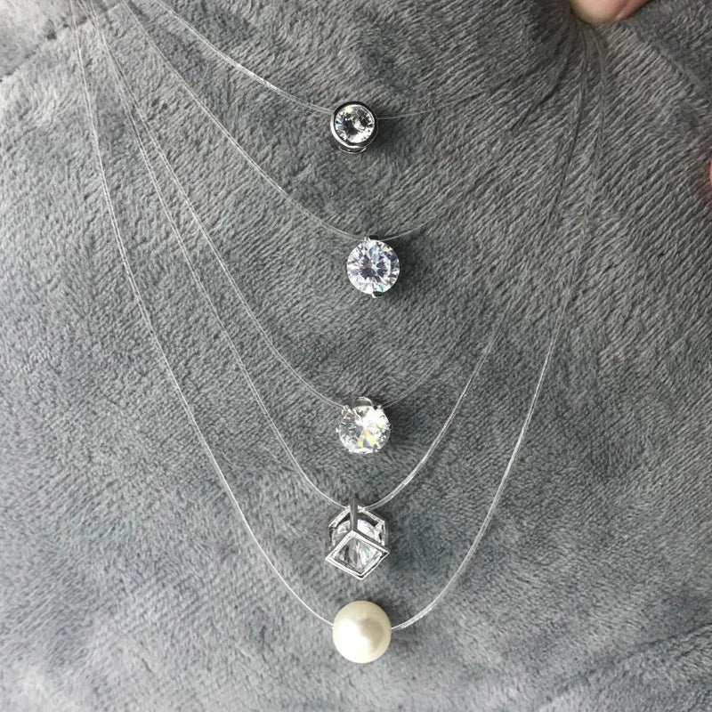 Fashion Pearl Crystal Zircon Transparent Fishing Line Necklace for Women