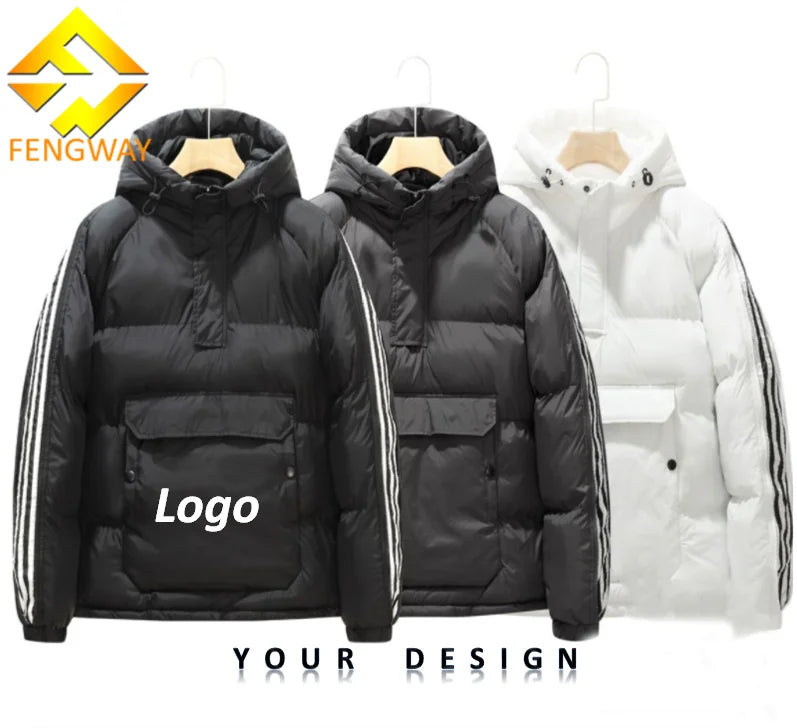 Fengway Custom Men's Winter Jacket Loose Pullover Thicker Puffer Hood Fashionable Side Striped Plus Size Casual Breathable