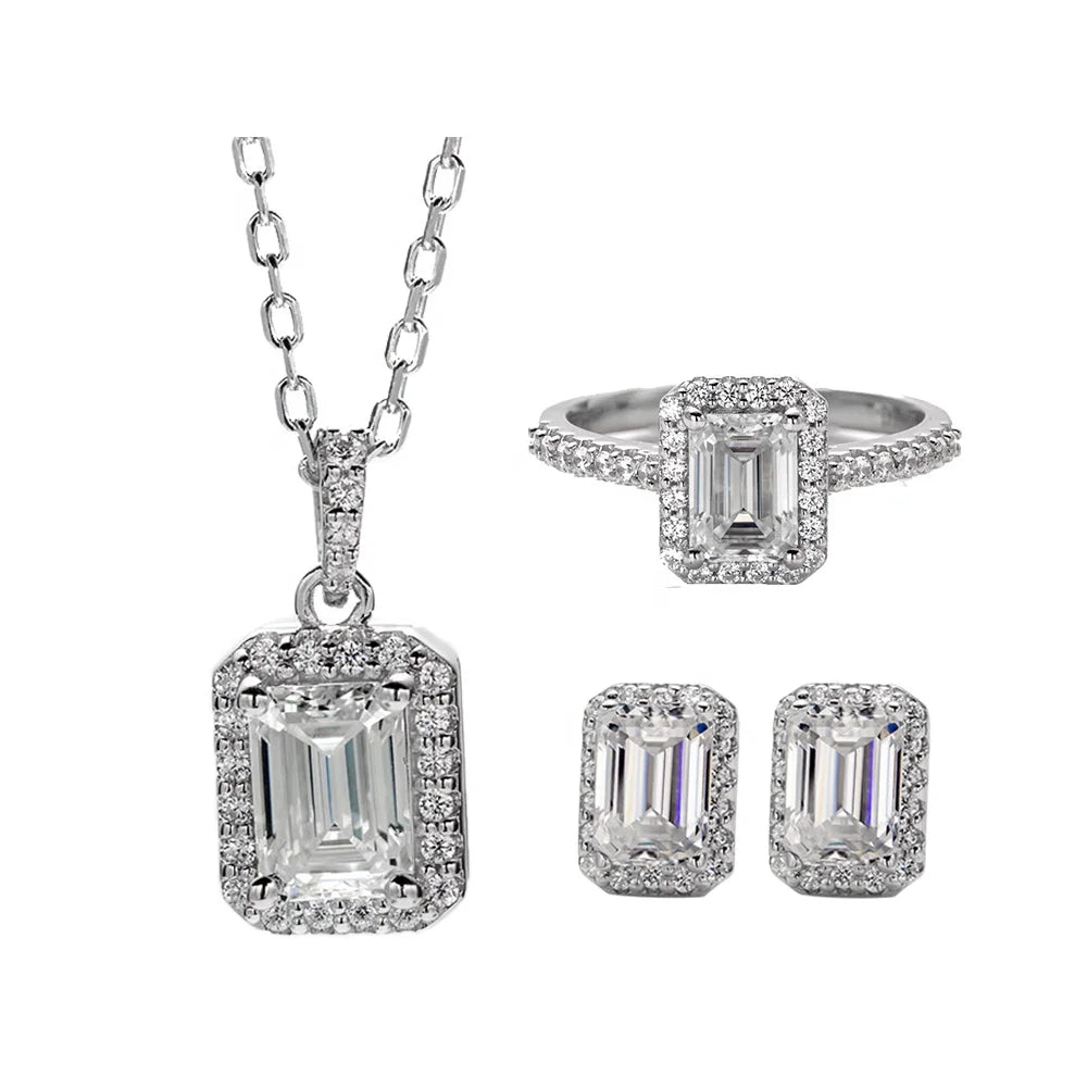 HL03T Abiding Trendy Emerald Cut GRA Certified Real Moissanite 925 Sterling Silver Ring Necklace Earrings Jewelry Bridal Set