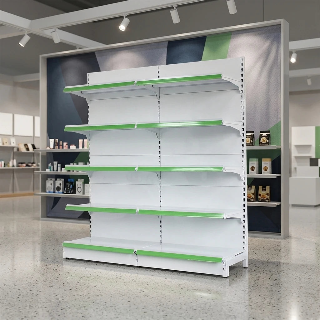 Factory Direct Sale Heavy Duty Double-Sided Grocery Store Pharmacy Supermarket Display Shelves White Color Freestanding Metal
