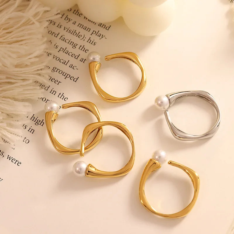 Wholesale Price Non Tarnish Stainless Steel Open Ring Pearl 18k Gold Plated Adjustable Pearl Ring for Gift