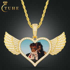 Sublimation Jewelry Bling 50mm Gold Plated Brass AAAAA CZ Diamond Iced Out Heart Wing Custom Photo Pendant Picture Necklace