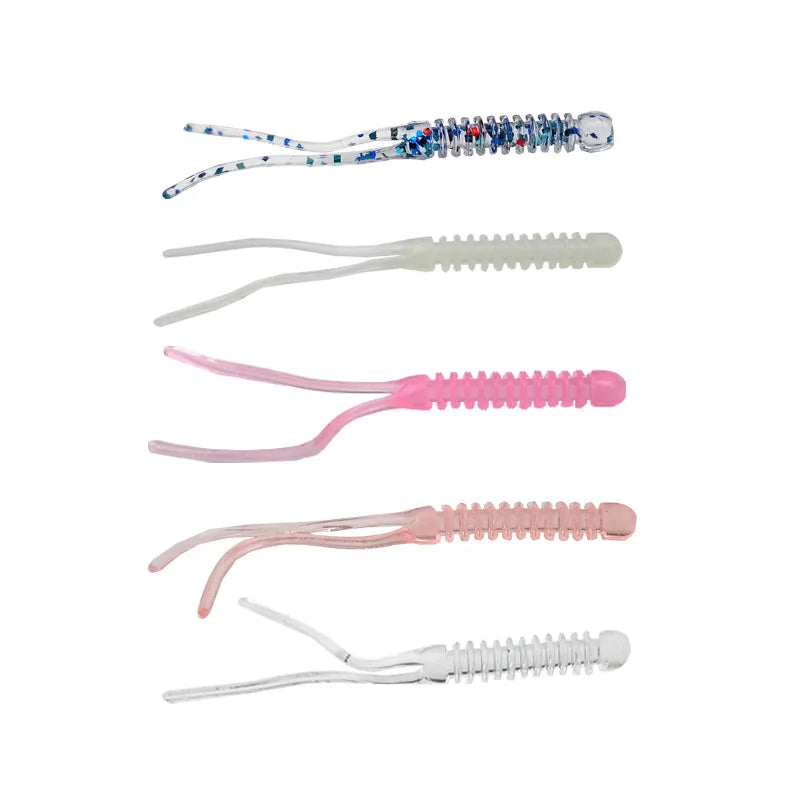 WEIHE 55mm 5 Colors 12 Pcs/bag Soft Artificial TPR Plastic Fishing Lure Bionic Worm Grub with Double Tails Wholesale Swimbait