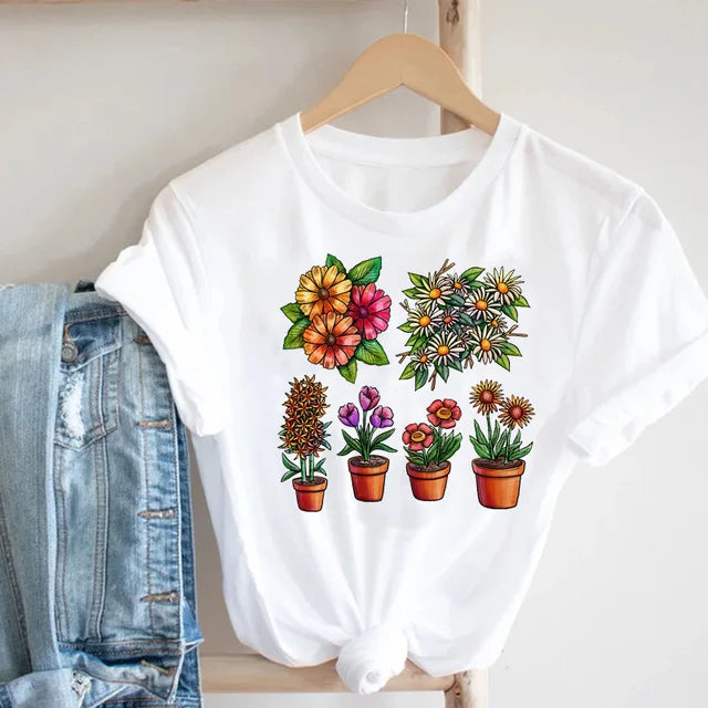 Women Printing Cartoon Plant Spring Summer 90s Mujer Camisetas Girl Fashion Clothes Print Tee Top Tshirt Female Graphic T-shirt