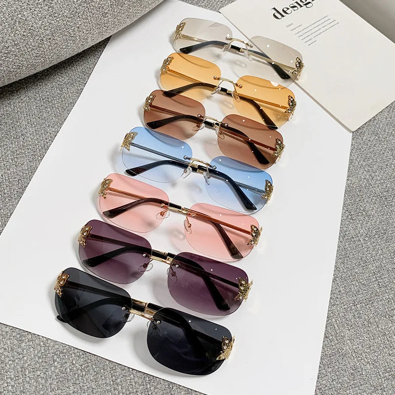 Y2K Wrap Butterfly Diamond Metal Frame Sunglasses Outdoor Rimless Cut Edge One Piece UV400 Protection Driving Shades Fashion