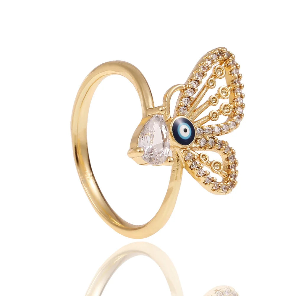 Cheaper 18k Gold Plated Butterfly Evil Eye Rings Adjustable Personality Rings for Women