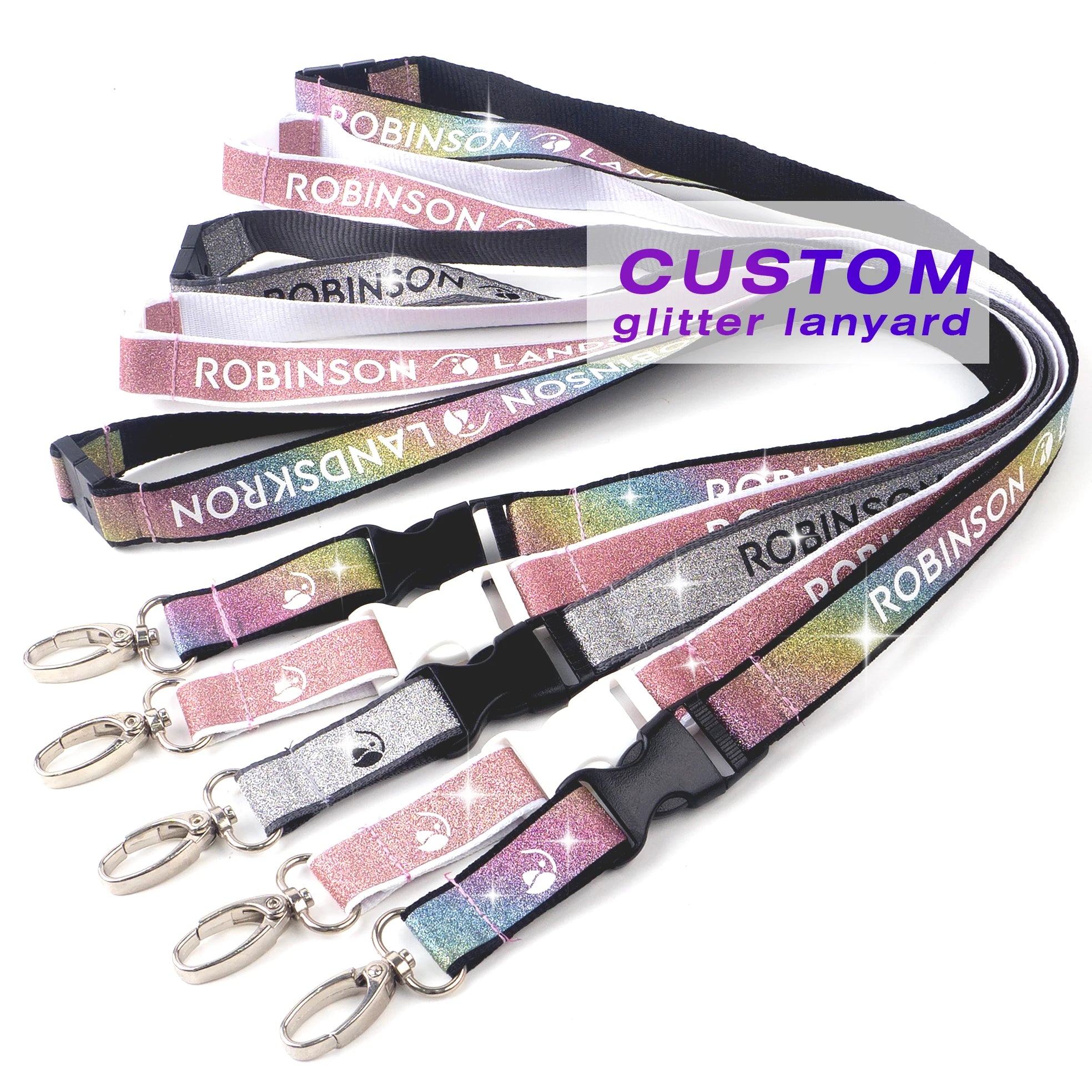 Bulk Custom Eco-Friendly Gold Silver Glitter Lanyard with ID Badge Card Holder Waterproof Offset Printing & Hook